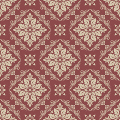 Seamless red damask pattern with symmetrical floral diamond motifs in cream tone. Perfect for luxury fabric, vintage packaging, and heritage interiors.