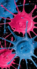 Vibrant pink and blue paint explodes in mid-air against a stark black background, showcasing swirling patterns and dynamic motion. Drops and tendrils create an energetic and abstract composition
