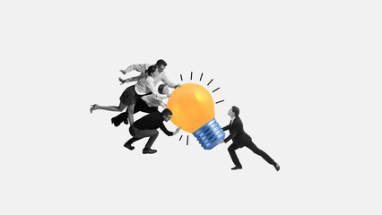 Contemporary collage of business team pushing giant glowing lightbulb in creative teamwork concept....