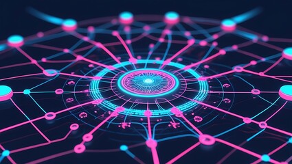 Abstract glowing digital network with neon lights and connections