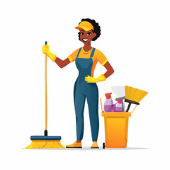 Confident Cleaning Lady with Mop and Supplies Cart