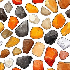 Colorful Stone Seamless Pattern Orange, Brown, Gray Rocks on White Background