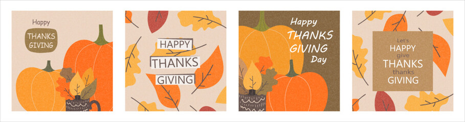 Happy Thanksgiving concept cards, covers, invitation set with colorful autumn leaves and pumpkins. Modern fall season design templates for celebration, advertising, branding, banner, label, poster.