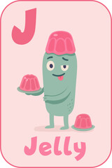 Letter J,  Joyful green monster with purple jelly for kids flashcard in cartoon flat style