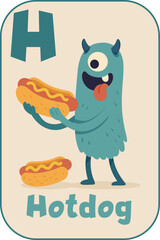 Letter H, Funny one-eyed blue monster with hotdog for kids flashcard in cartoon flat style