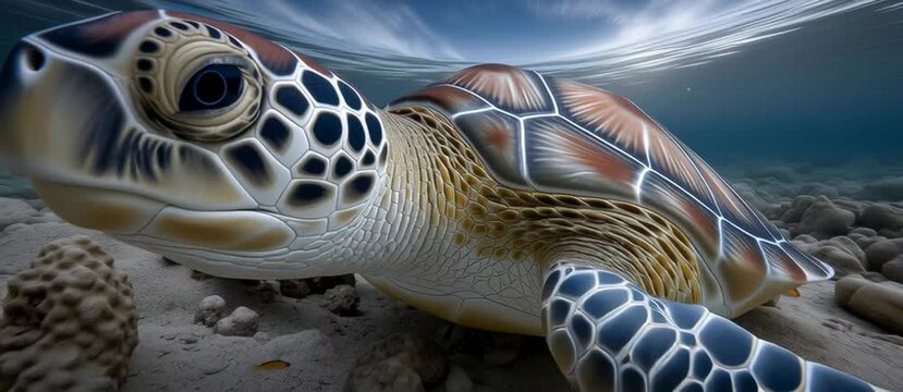 Ocean Turtle in Undersea: A close-up shot of a vibrant sea turtle gracefully navigating its ocean home, featuring intricate shell patterns and a serene gaze that reflects the depths of the sea.