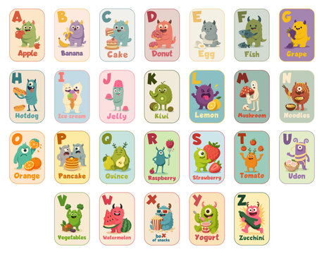 Full English alphabet with cute cartoon monsters and food, ABC flashcards for kids in colorful flat style