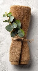 Rolled tan towel tied with twine, adorned with a sprig of green eucalyptus leaves, rests on a textured off-white surface. Natural light highlights textures