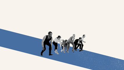 Collage of business team in starting positions on blue track racing for success. Concept of startup competition, agile launch, business sprint, corporate motivation.