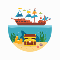 Obraz premium A Colorful Cartoon Treasure Ship and Underwater Chest