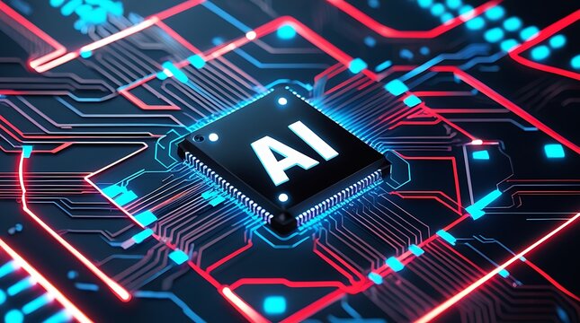 Futuristic ai chip glowing with blue and red lights on circuit board