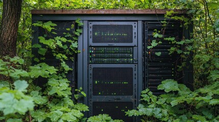 Server cabinet overgrown with foliage