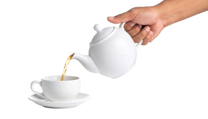 Elegant hand pouring tea from teapot into cup, mid-motion freeze, isolated on transparent background