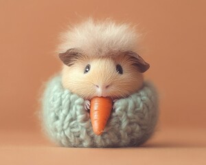 Cute guinea pig in a knitted sweater eating a carrot