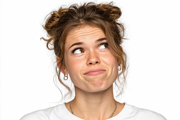 Young woman with updo making a thoughtful expression against white background