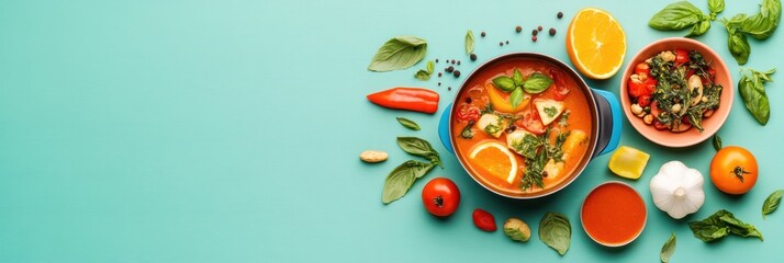 Colorful soup and side dish