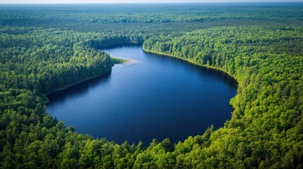 Serene lake nestled in green forest