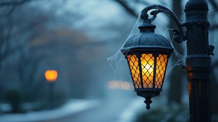 Frosty street lamp glows warmly