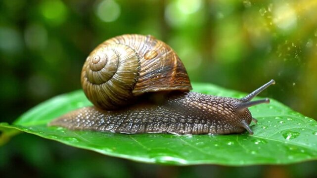 Snail on green leaf shell wet with blurred natural background