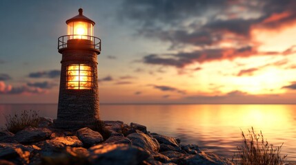 Lighthouse at sunset over calm sea