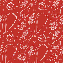 Seamless pattern with chicken drumsticks, onion, garlic and herbs in line art style on red background. Ideal for culinary delivery packaging, kitchen wallpaper or cooking recipe design.