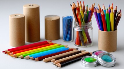 Obraz premium Colorful pencils brushes and art supplies on desk for school creativity craft and education background