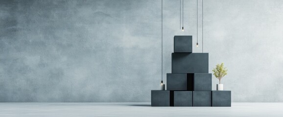 Minimalist display with stacked cubes and hanging lights