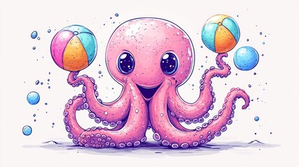 Cute octopus juggling beach balls