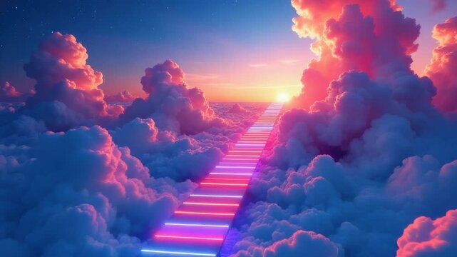 A cloudy stairway leads into the clouds at sunset, ideal for use in scenic backgrounds or as a symbol of reaching new heights
