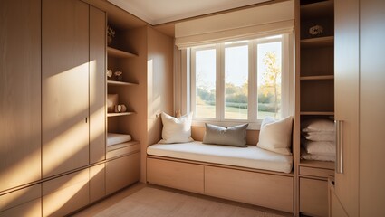 A cozy and sunlit window seat nook with comfortable cushions and pillows, creating a peaceful and relaxing spot for reading in a modern home