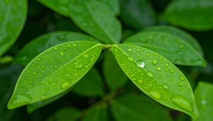 Close-up of vibrant green leaves with water droplets clinging to their surface after a rain.