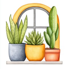 Colorful Succulent and Cactus Potted Plants on Windowsill Illustration