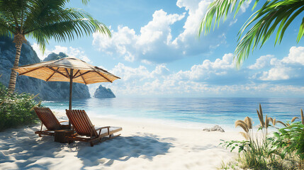 Lounge chairs on the beach, beach chair and umbrella