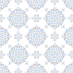 Elegant Gray and Blue Seamless Geometric Pattern with Floral Motif