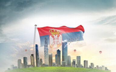 Serbia national flag wavering with modern building skyline. Country showing stronger and...