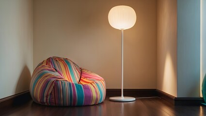 A cozy and comfortable reading nook in the corner of a room with a colorful striped beanbag chair and a warm glowing floor lamp