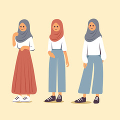 asian girls woman with hijab ootd casual clothes vector design set