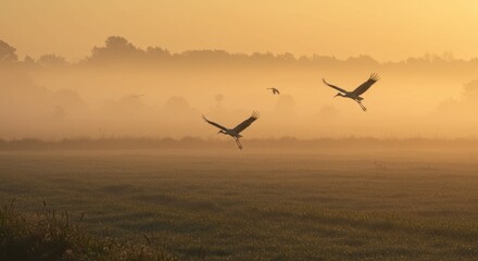 Ethereal morning landscape featuring cranes taking flight over a misty field at dawn