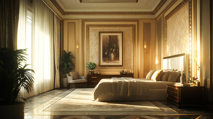 Luxurious art deco bedroom bathed in soft golden light opulent textures and geometric patterns create a harmonious elegant atmosphere, 