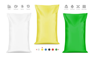 Woven sack bag mockup with icons set for chemical products and etc. High realistic. Vector illustration isolated on white background. Ready for use in presentation, promo, advertising. EPS10.