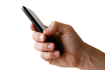 A close-up of a right hand holding a sleek black smartphone, capturing a moment of modern communication.