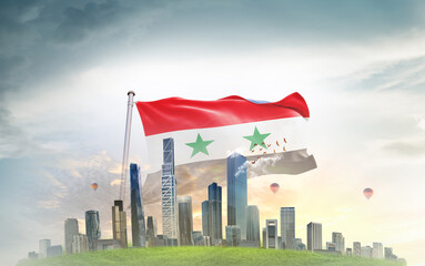 Syria national flag wavering with modern building skyline. Country showing stronger and prosperity....