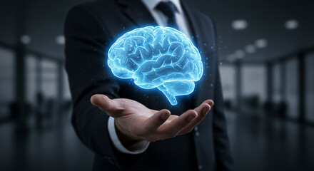 Intelligence Amplified: A sharply dressed person's open hand delicately supports a luminous, glowing brain, the visual metaphor for innovation and mental agility. 