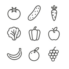 Fresh Produce Icons. Line style icons of Fresh Produce Market: tomato, cucumber, carrot, lettuce, bell pepper, apple, banana,