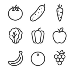 Fresh Produce Icons. Line style icons of Fresh Produce Market: tomato, cucumber, carrot, lettuce, bell pepper, apple, banana,