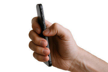 A close-up of a male hand holding a black smartphone, showcasing a relaxed grip against a plain background.
