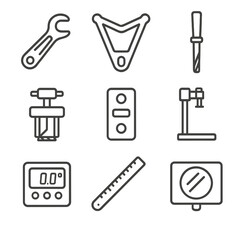 Fototapeta premium Bike Frame Tools Icons. Line style icons of Frame Alignment and Gauges: dropout alignment tool, rear triangle gauge, head tube