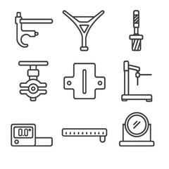Fototapeta premium Bike Frame Tools Icons. Line style icons of Frame Alignment and Gauges: dropout alignment tool, rear triangle gauge, head tube