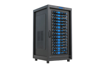 Dark gray server rack with rows of blue-lit storage drives