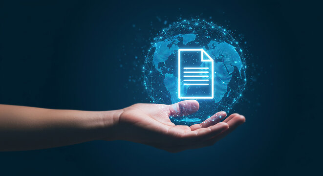 Digital Document Presentation: A glowing digital document floats above a hand, showcasing seamless access and security in data management. Envision the global scope of digital documents. 